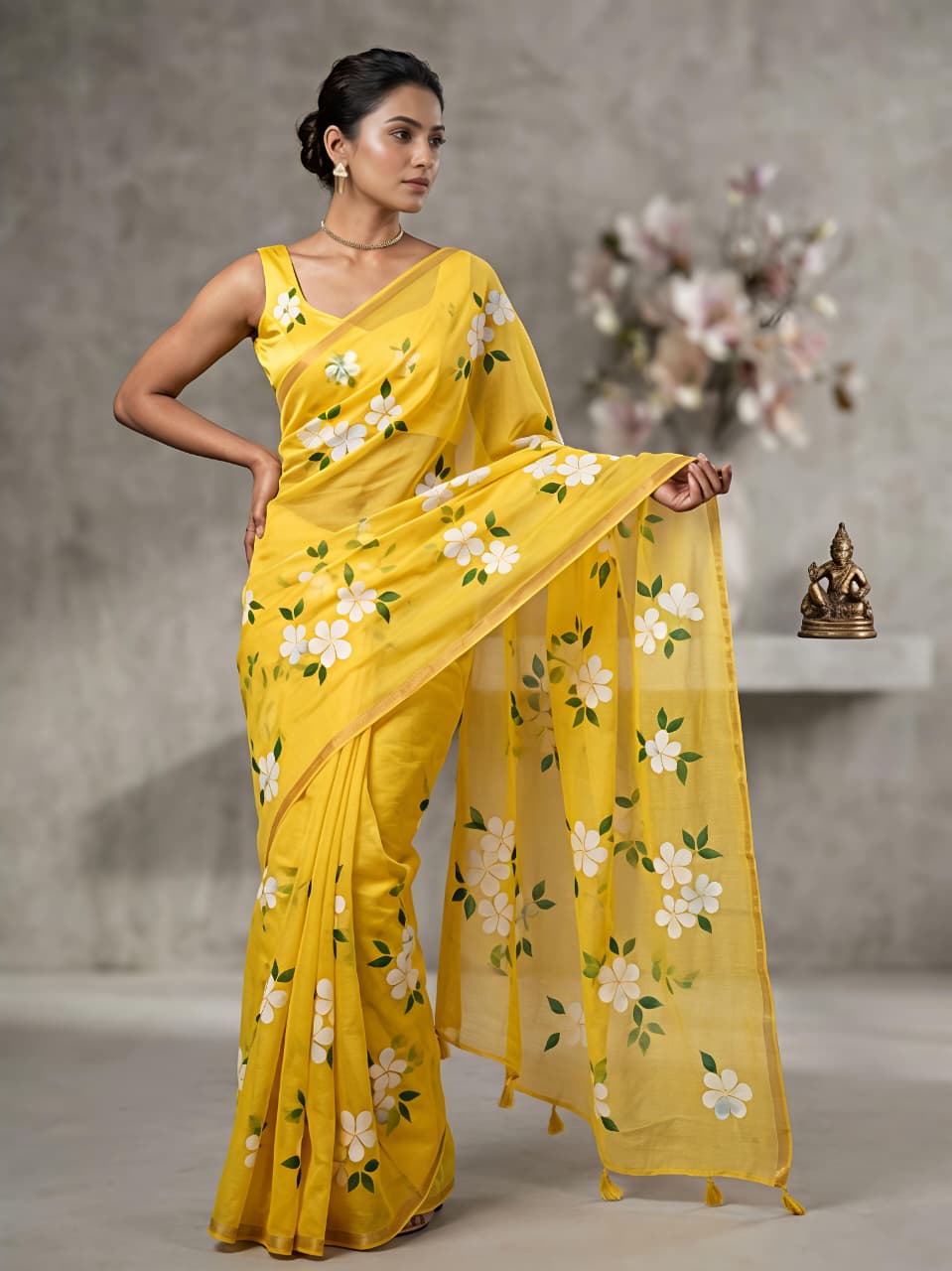 Yellow Linen Premium Flora Digital Print For Women