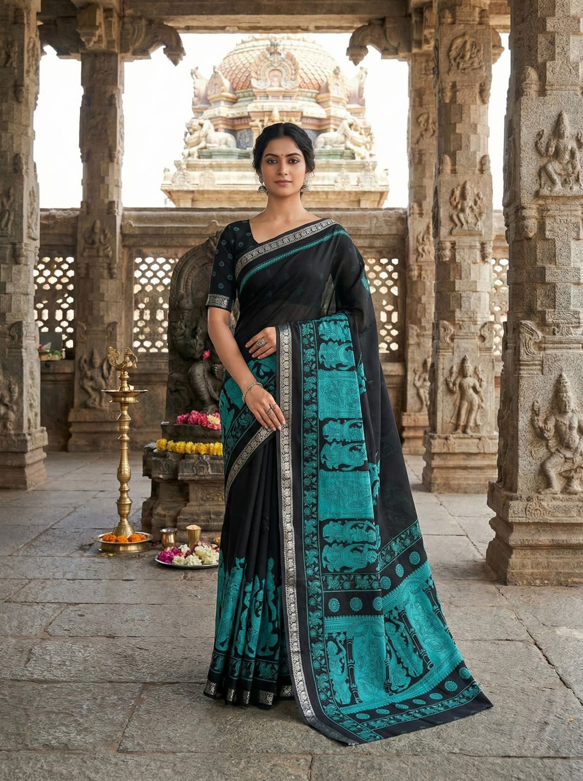Sky Blue mull mull cotton Premium kalamkari print For Women