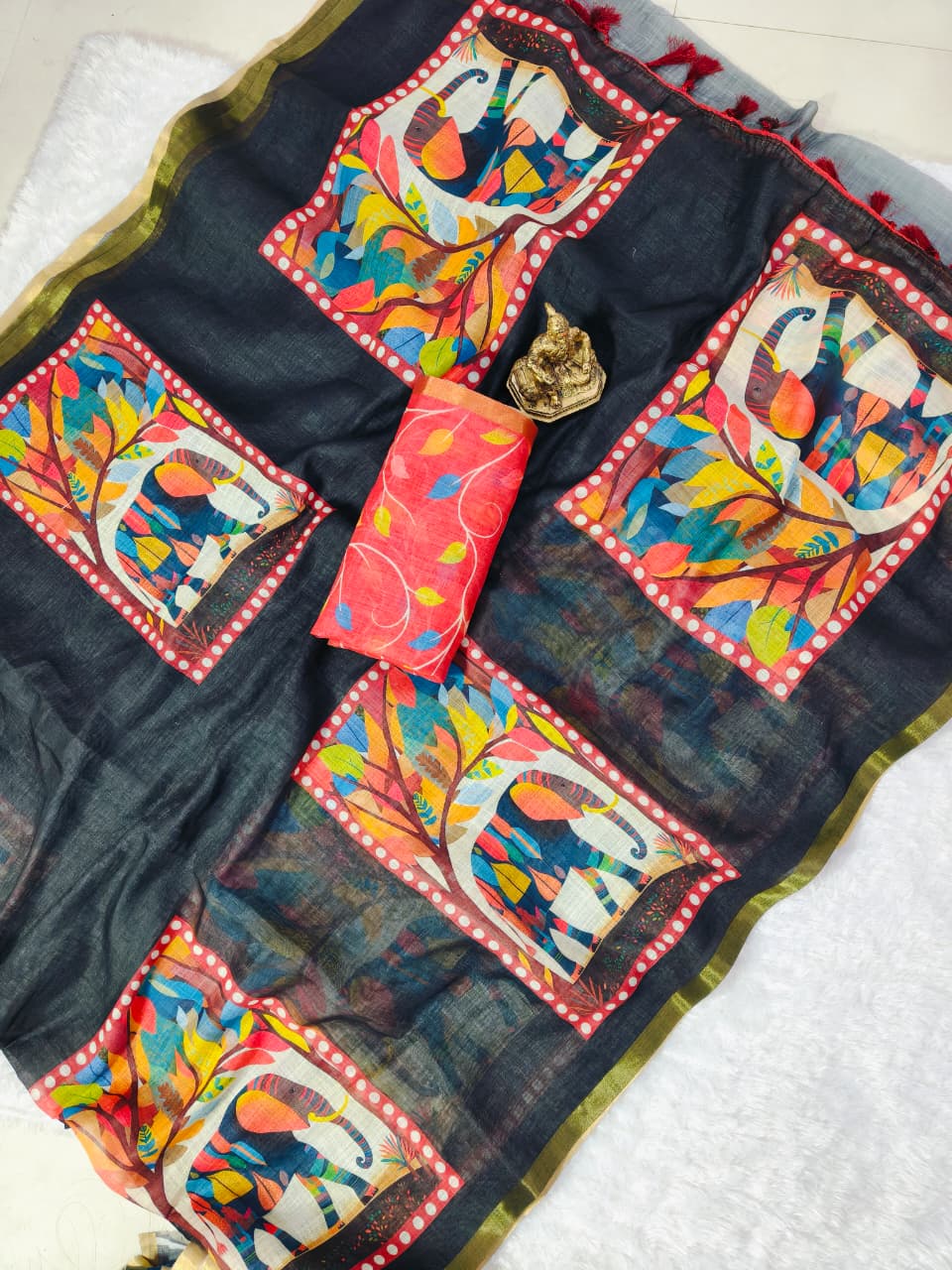 Black Linen Premium Digital Print For Women