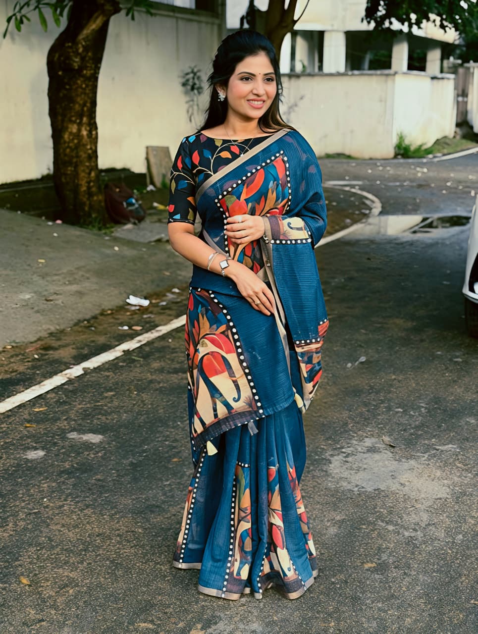 Blue Linen Premium Digital Print For Women