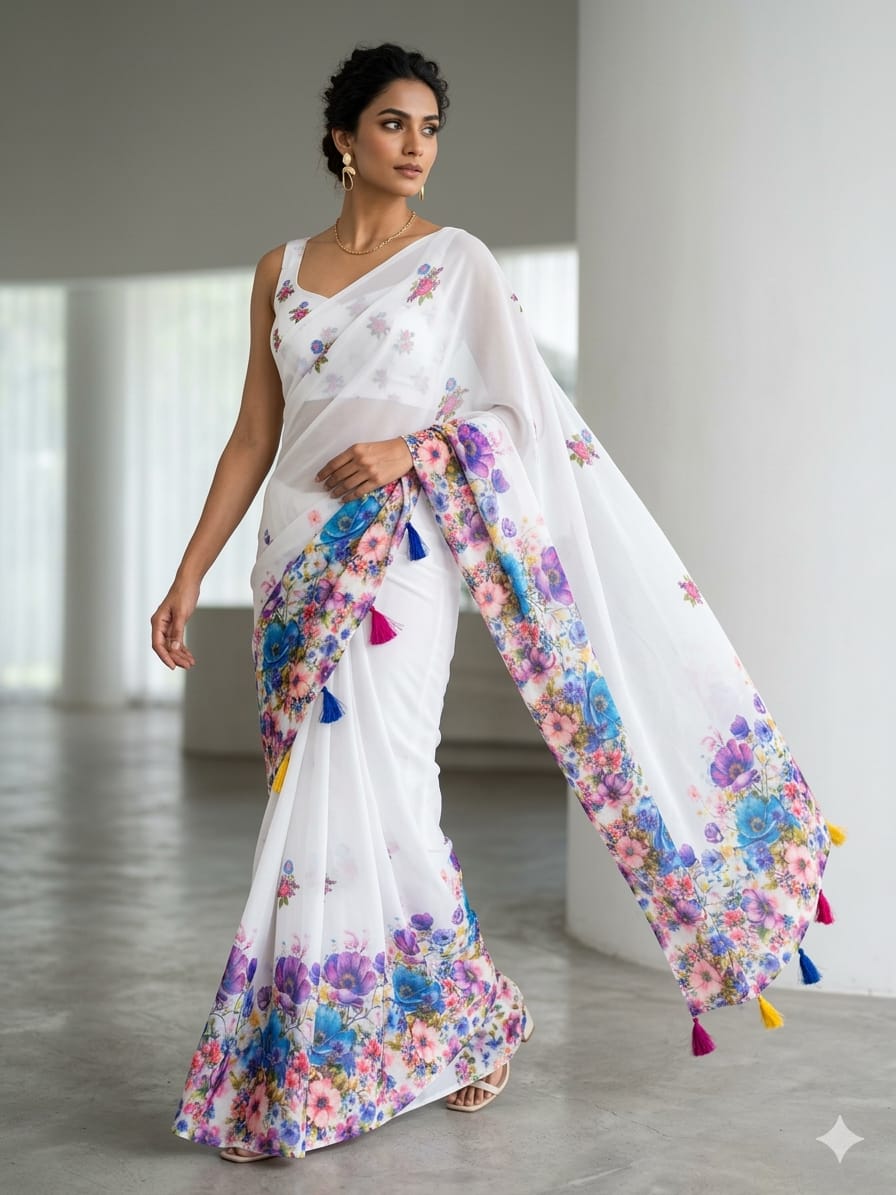 Purple organza saree Premium Flora Digital Print For Women