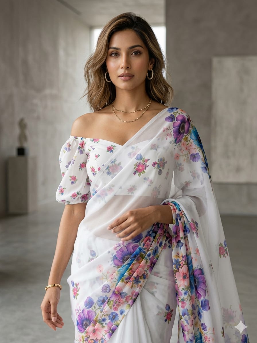 Purple organza saree Premium Flora Digital Print For Women