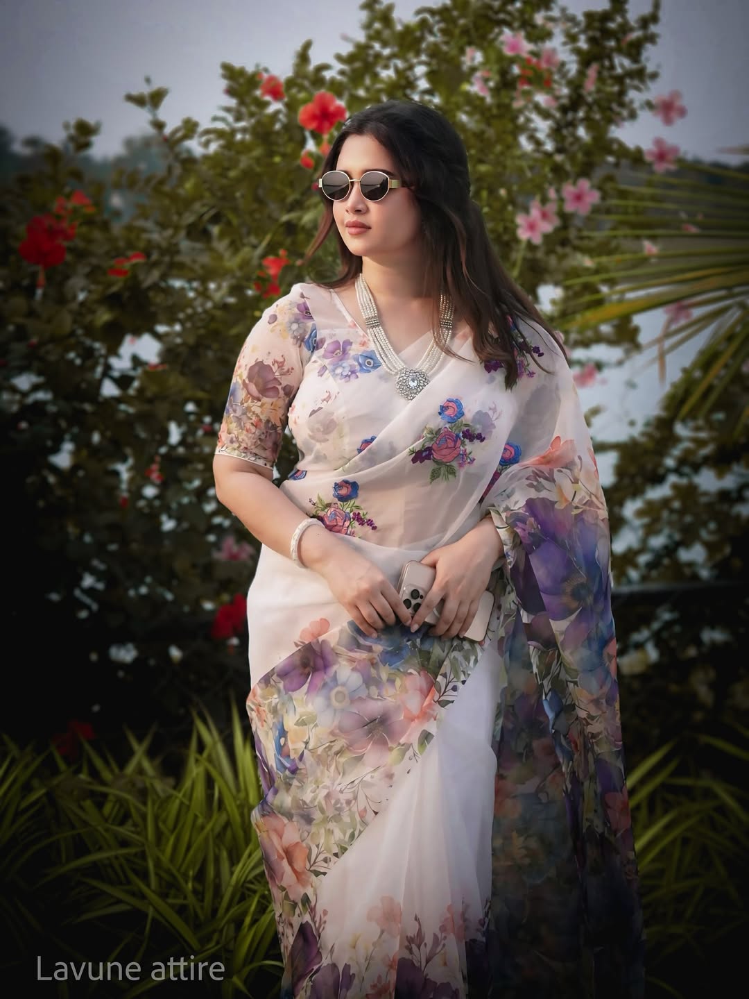 Purple organza saree Premium Flora Digital Print For Women