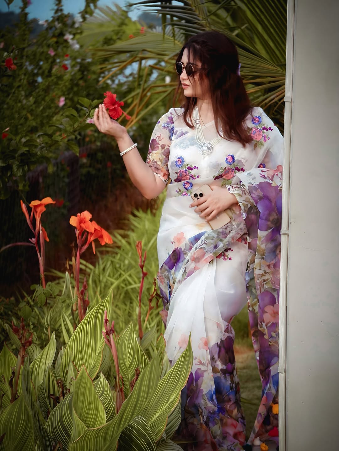 Purple organza saree Premium Flora Digital Print For Women