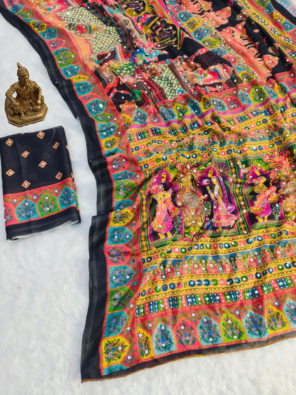 Black masakali georgette saree Premium Digital Print & Mirror Work For Women