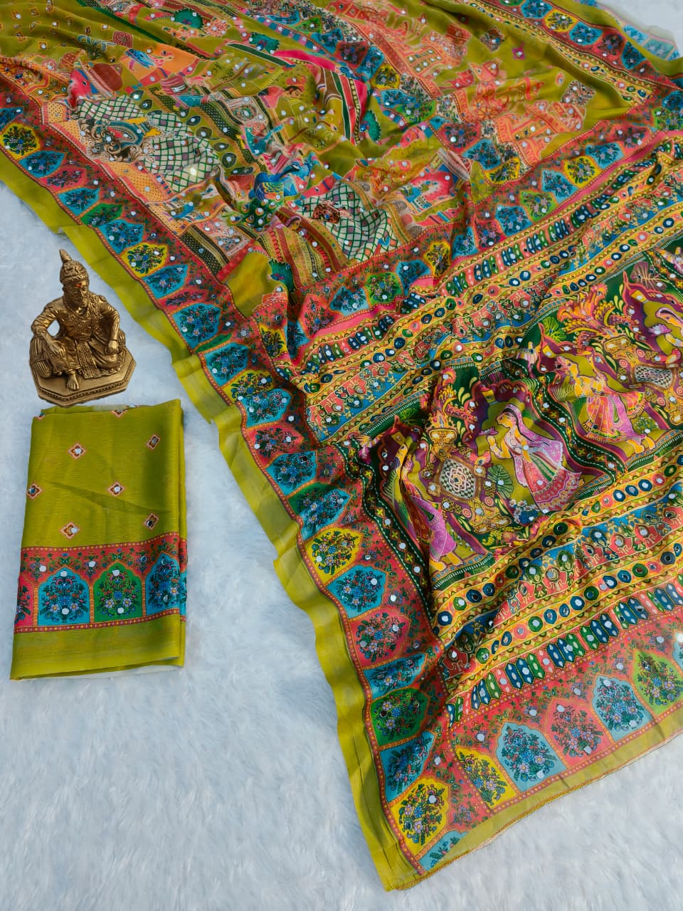 Parrot Color masakali georgette saree Premium Digital Print & Mirror Work For Women