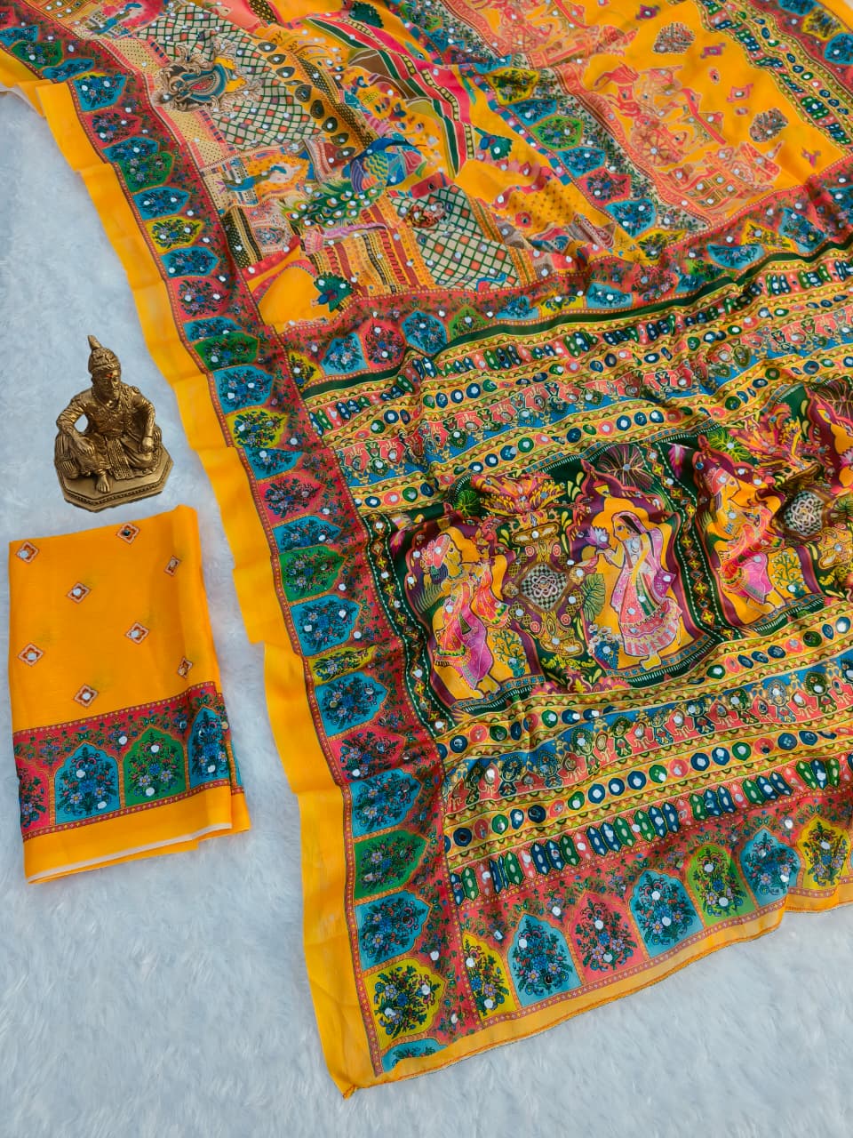 Yellow masakali georgette saree Premium Digital Print & Mirror Work For Women