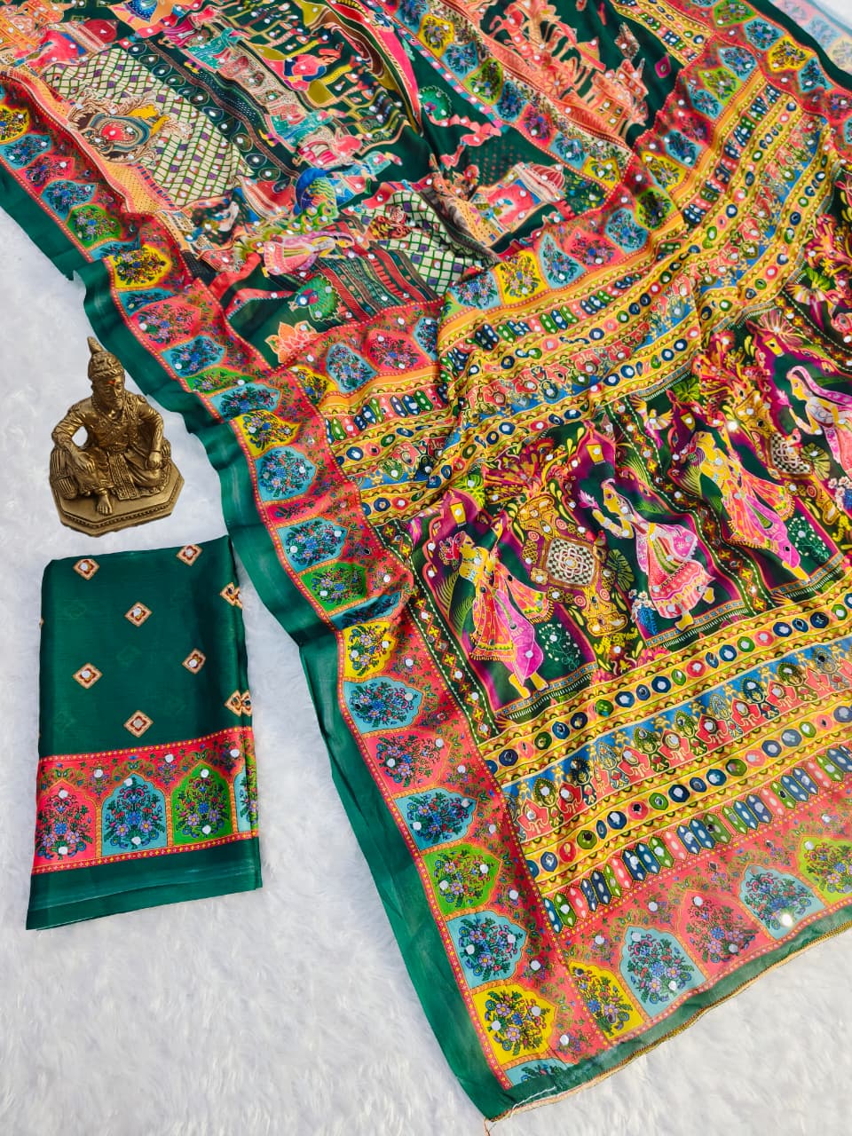 Green masakali georgette saree Premium Digital Print & Mirror Work For Women