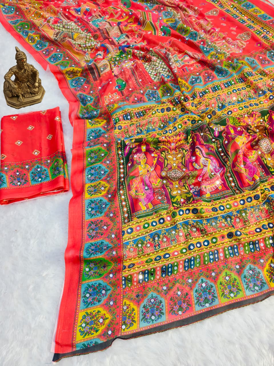 Red masakali georgette saree Premium Digital Print & Mirror Work For Women