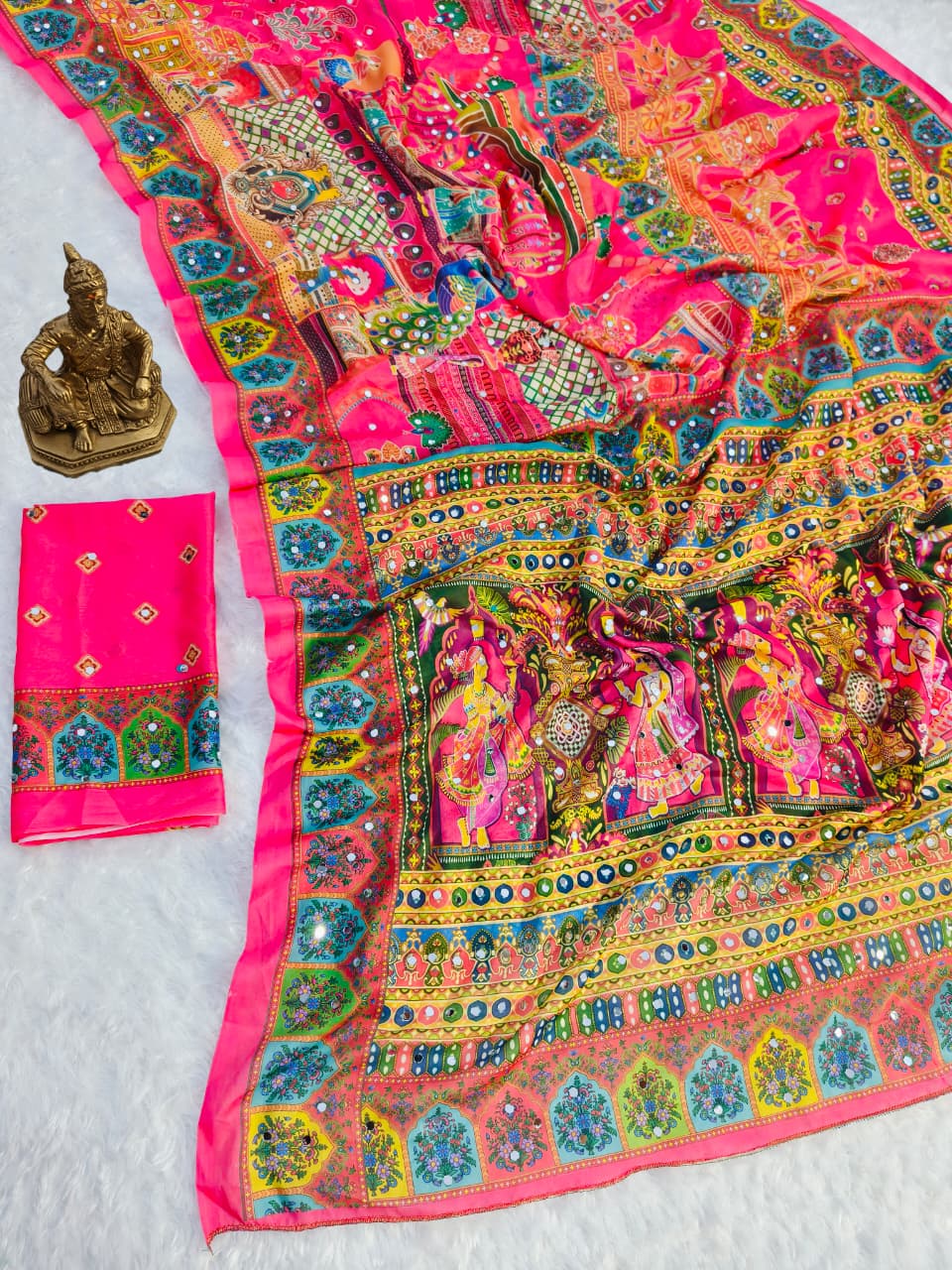 Pink masakali georgette saree Premium Digital Print & Mirror Work For Women