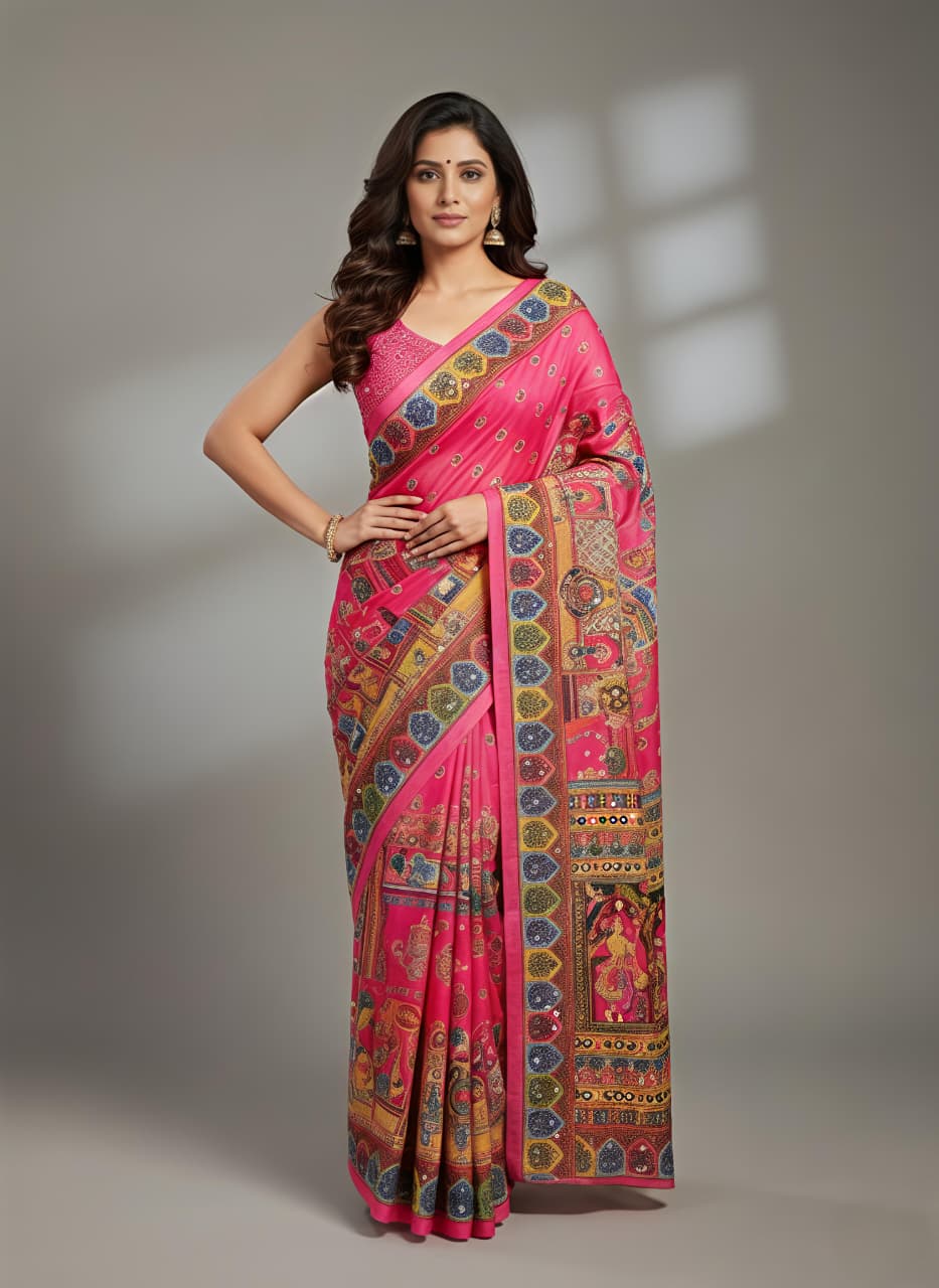 Pink masakali georgette saree Premium Digital Print & Mirror Work For Women
