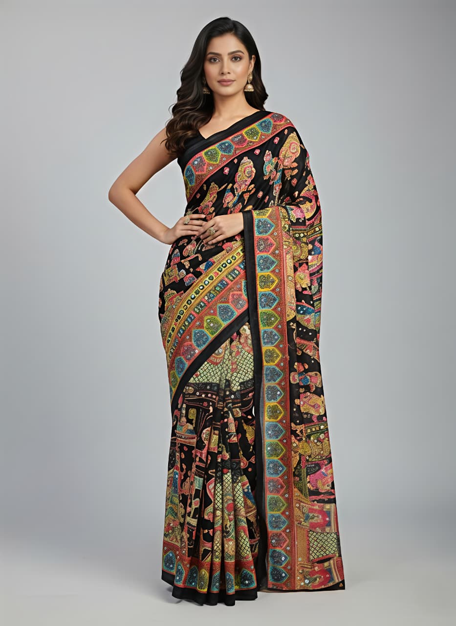 Black masakali georgette saree Premium Digital Print & Mirror Work For Women