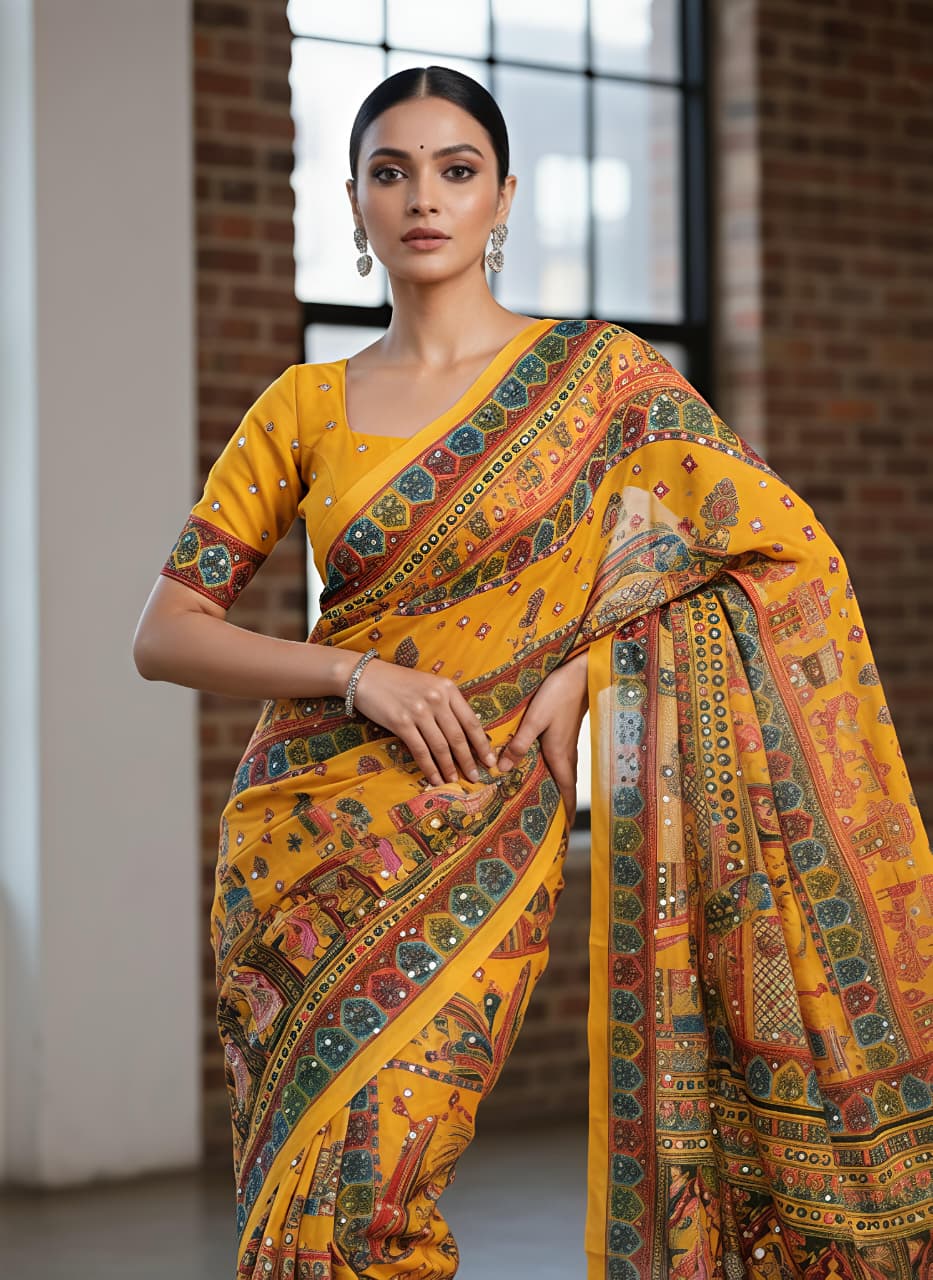 Yellow masakali georgette saree Premium Digital Print & Mirror Work For Women