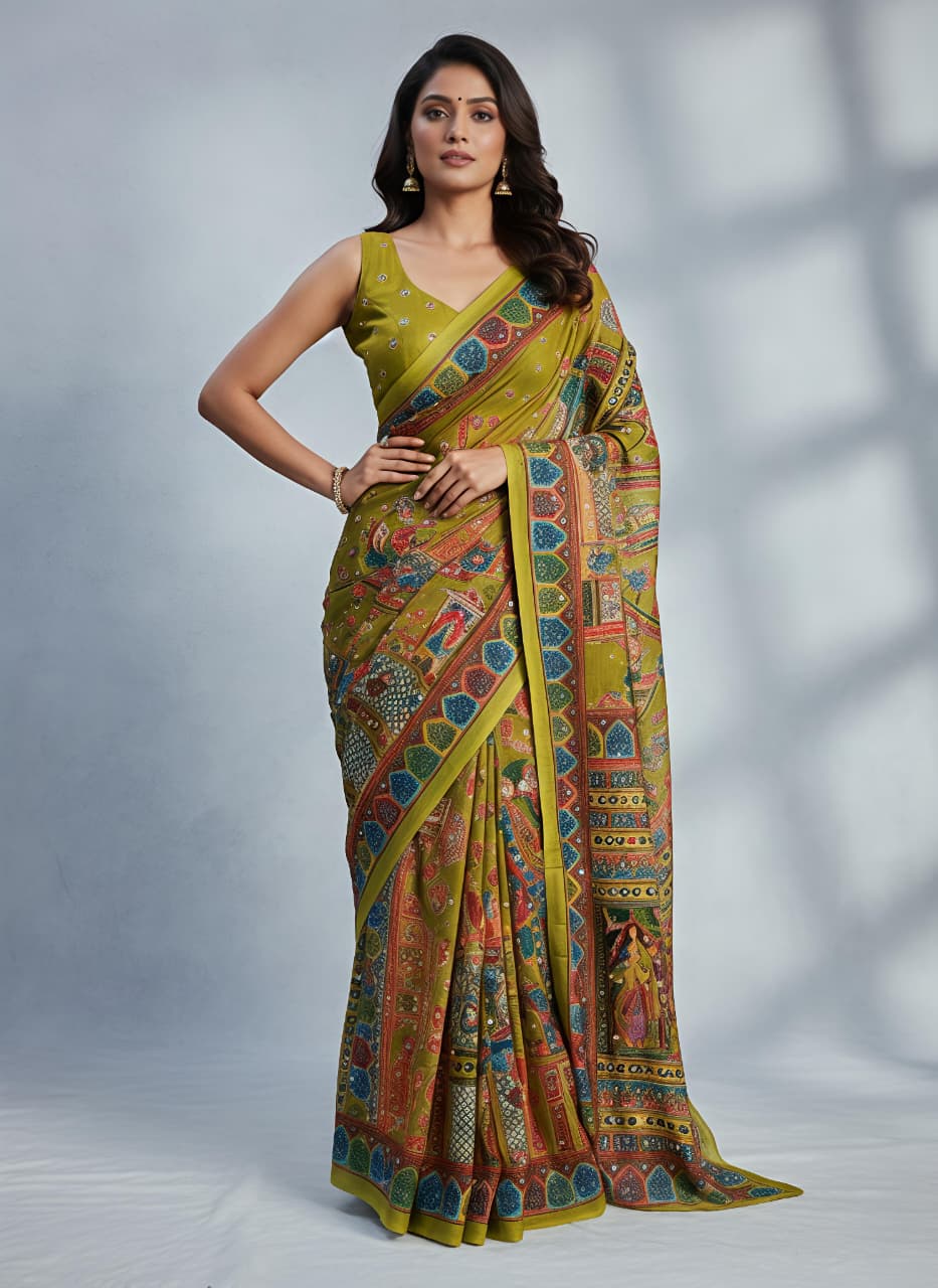Parrot Color masakali georgette saree Premium Digital Print & Mirror Work For Women