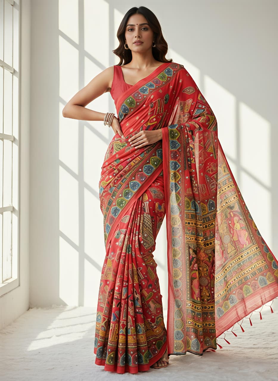 Red masakali georgette saree Premium Digital Print & Mirror Work For Women