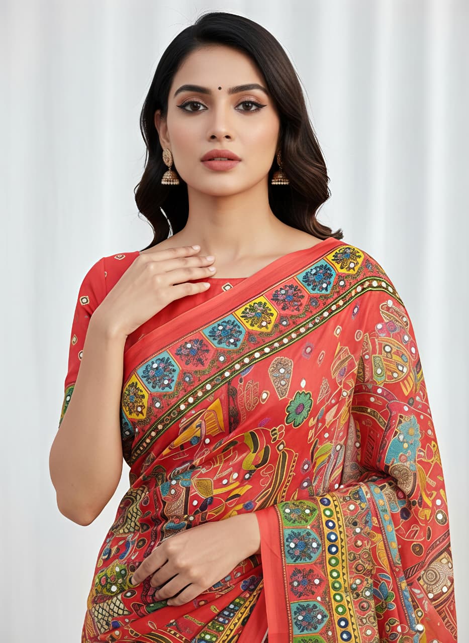 Red masakali georgette saree Premium Digital Print & Mirror Work For Women