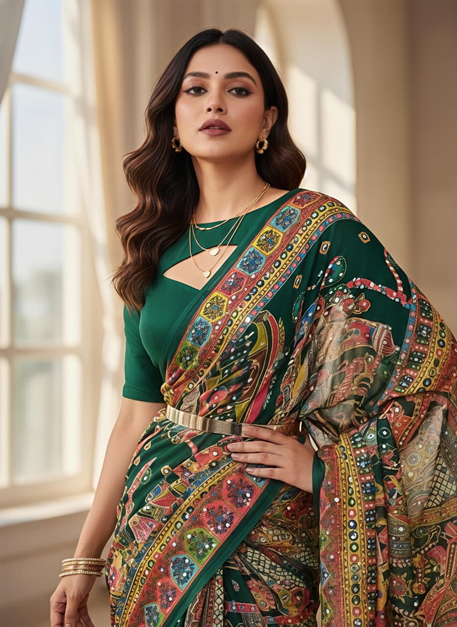 Green masakali georgette saree Premium Digital Print & Mirror Work For Women