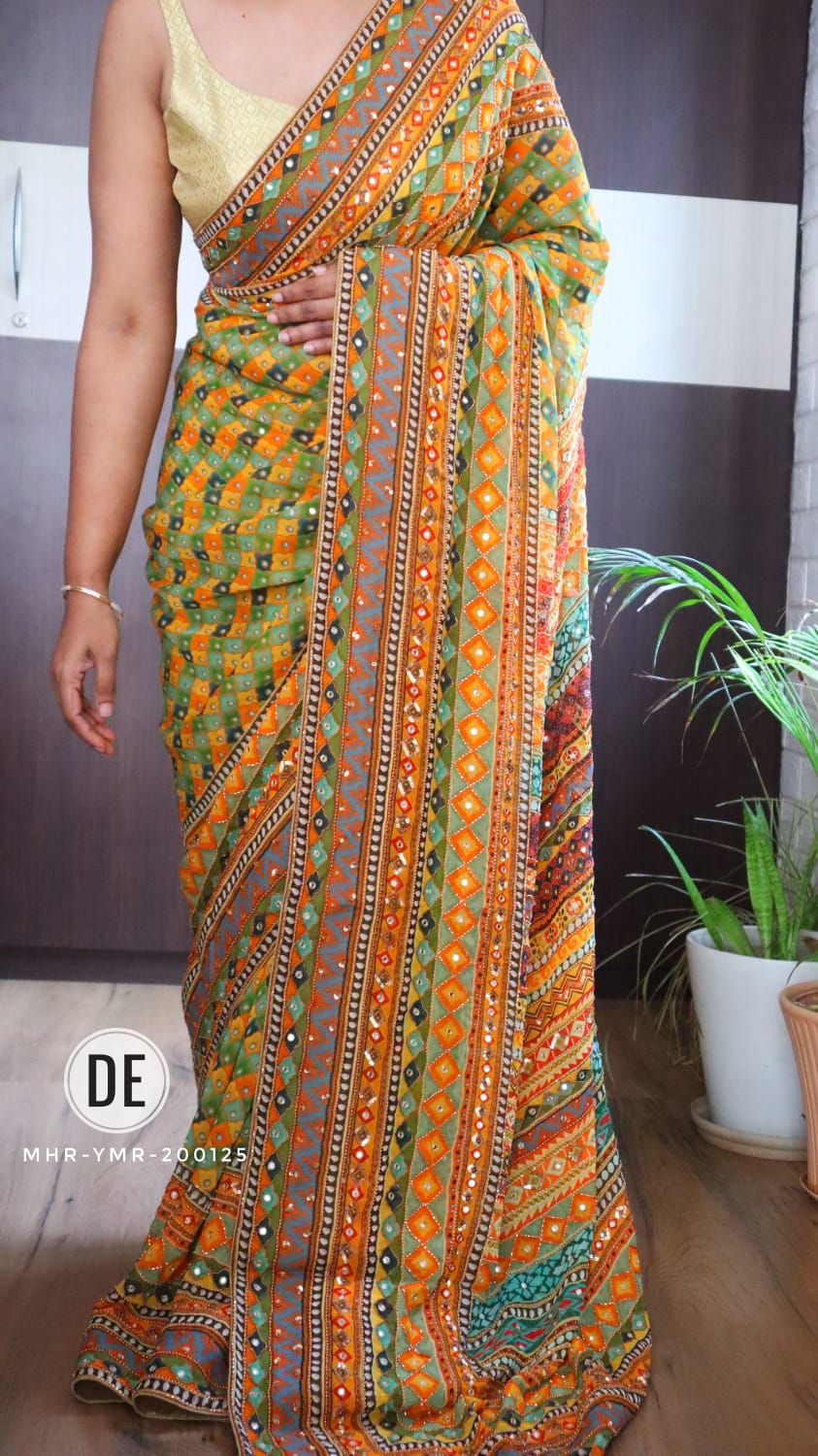 Golden Masakali Georgette Premium Digital Print & Mirror Work Saree For Women