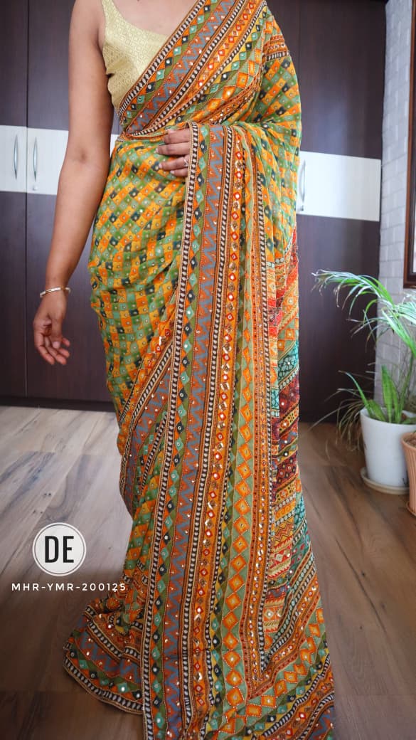 Golden Masakali Georgette Premium Digital Print & Mirror Work Saree For Women