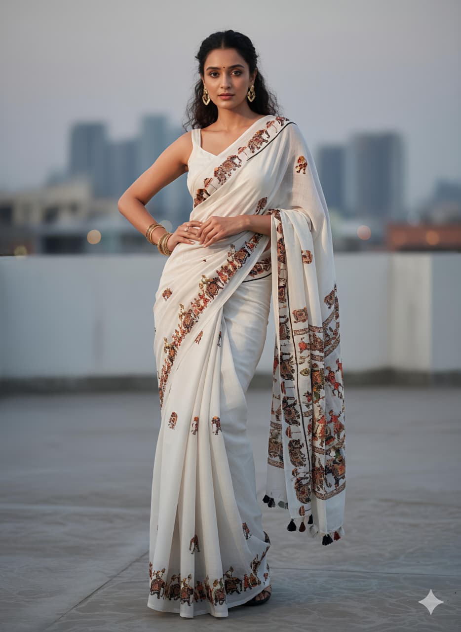 White Linen Premium Digital Print Saree For Women
