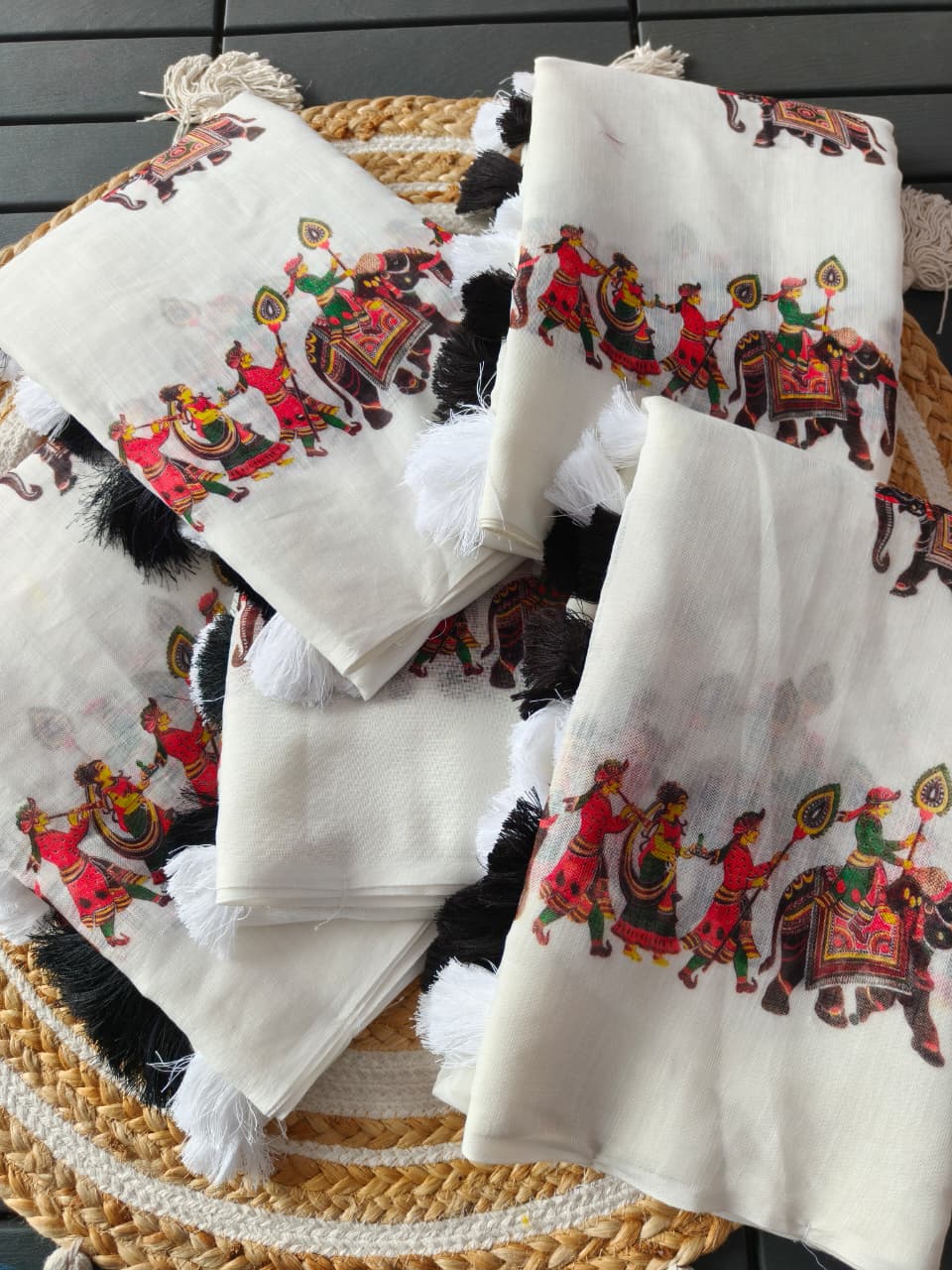 White Linen Premium Digital Print Saree For Women