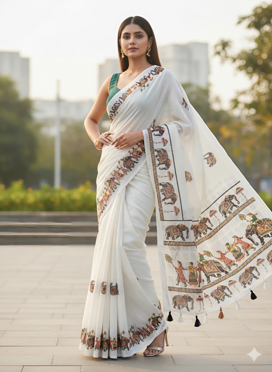White Linen Premium Digital Print Saree For Women