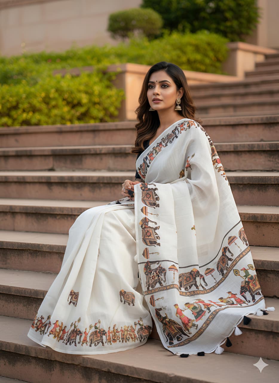 White Linen Premium Digital Print Saree For Women