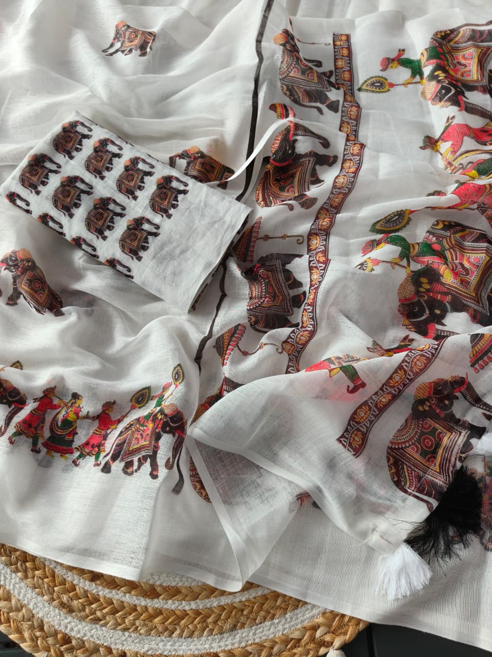 White Linen Premium Digital Print Saree For Women