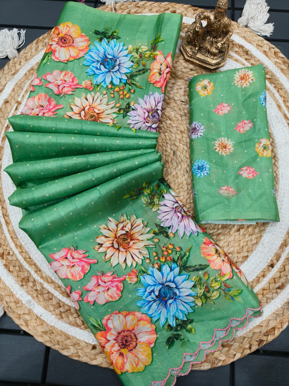 Green Tussar Silk Premium Digital Print Saree For Women