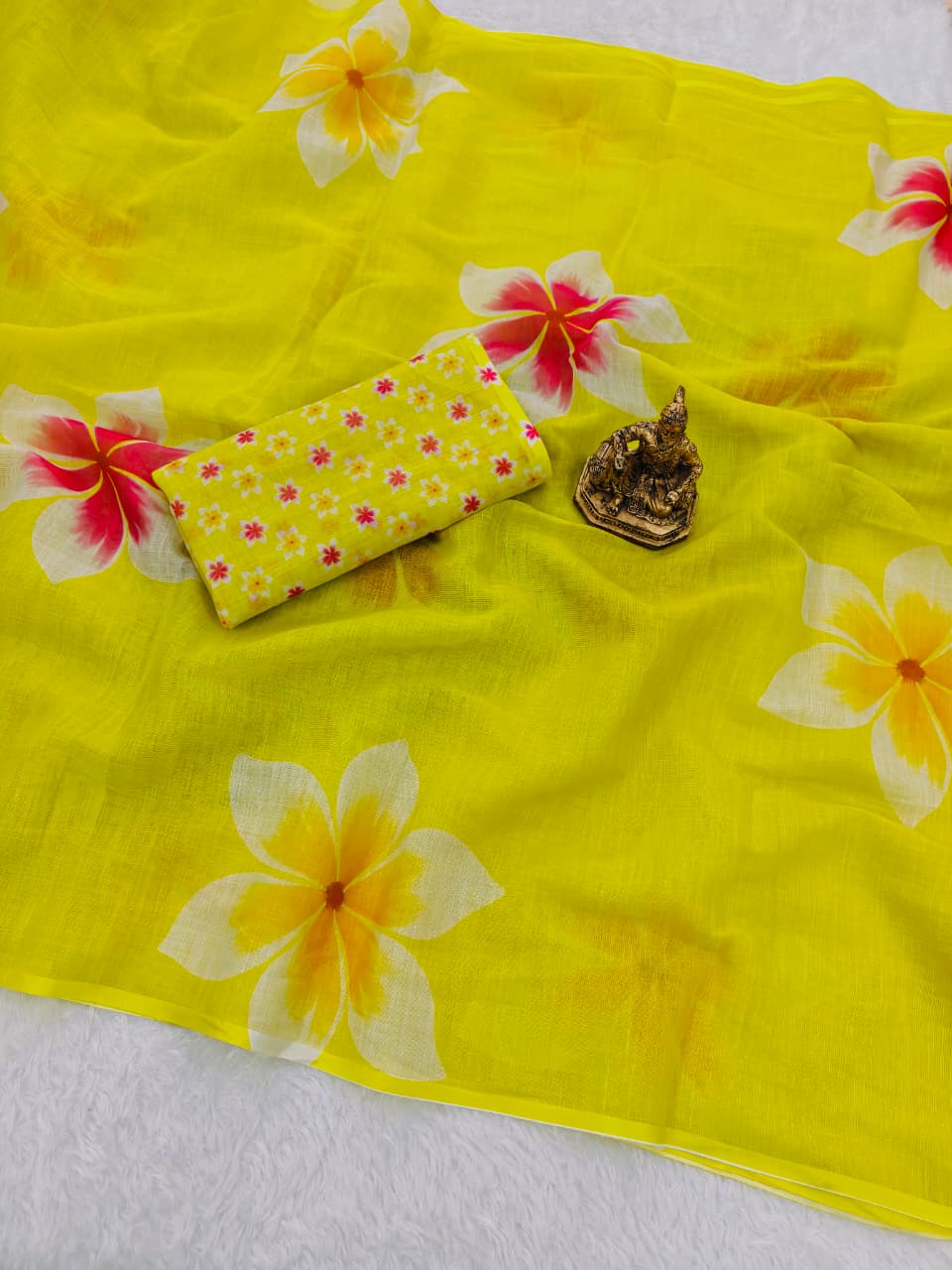 Yellow Linen Premium Digital Print For Women