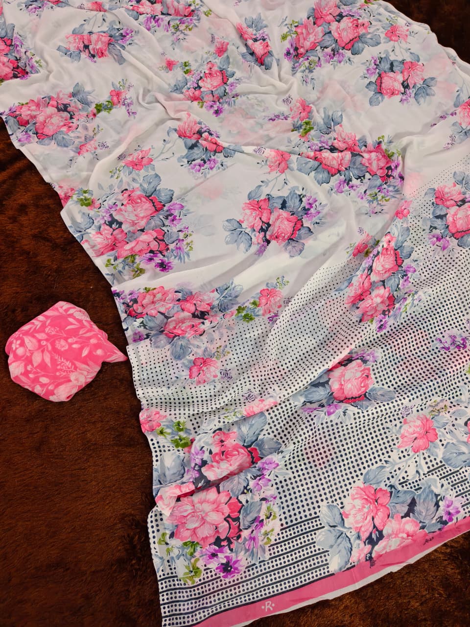 Baby Pink Georgette Premium Digital Print Saree For Women