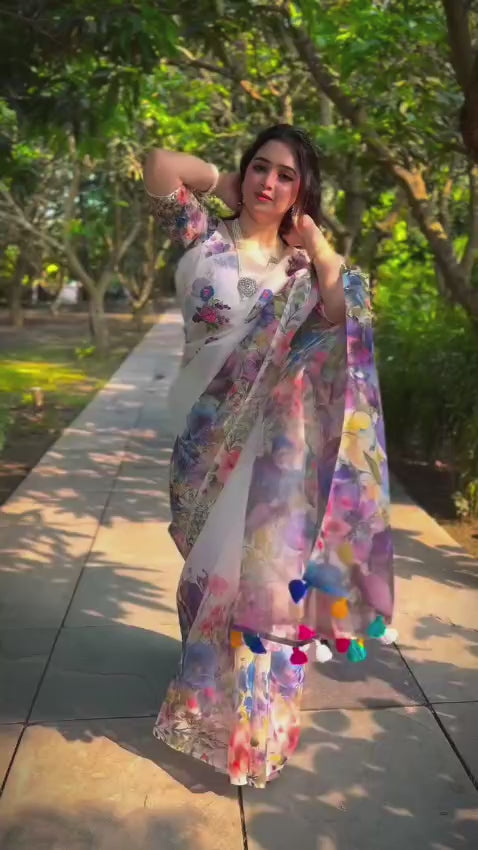 Purple organza saree Premium Flora Digital Print For Women