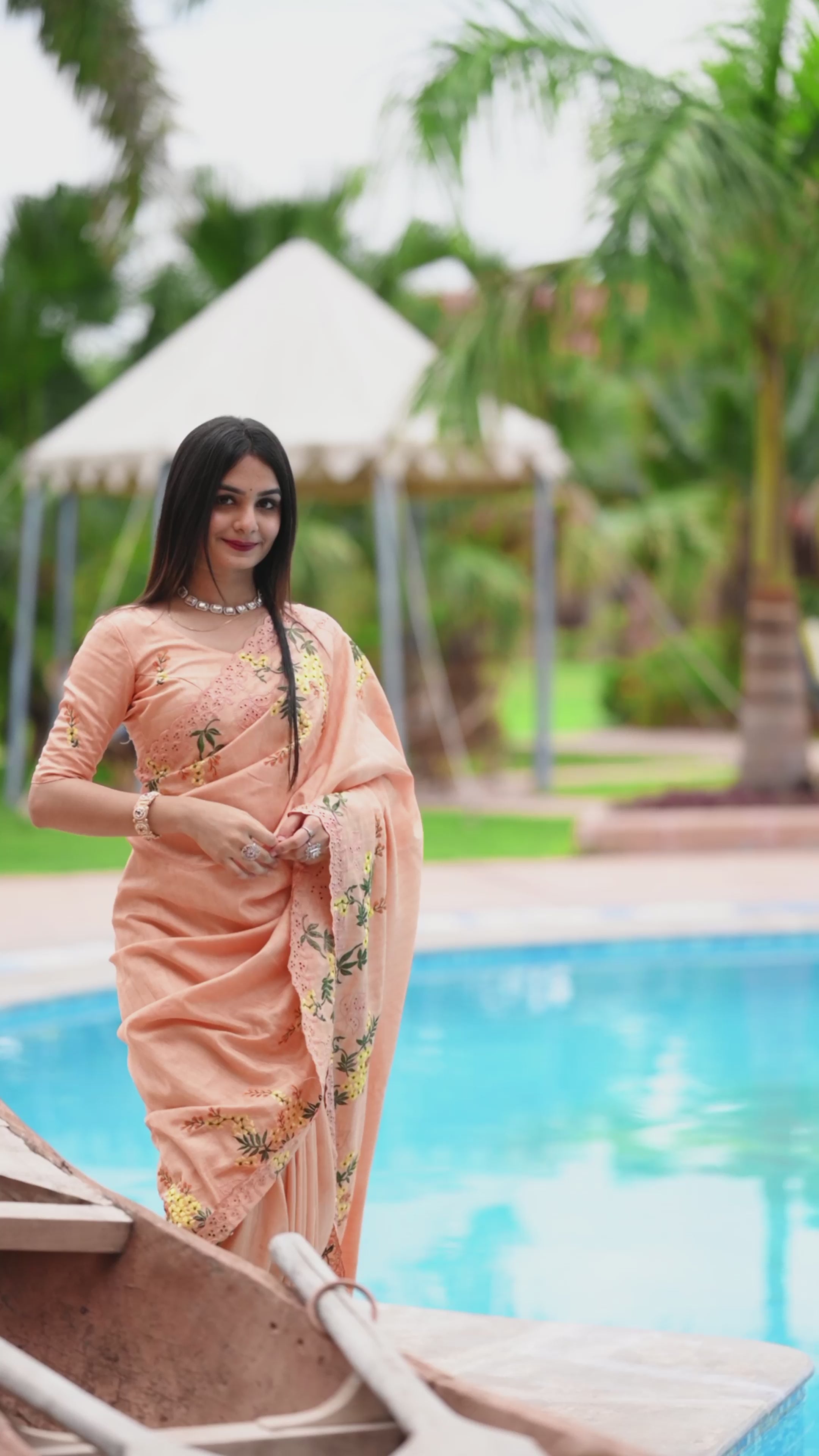 Soft Peach Tusser Cotton Premium Embroidered Work Saree For Women
