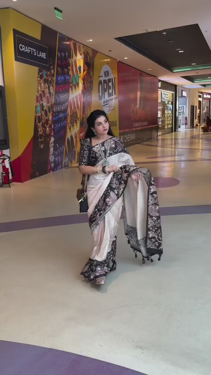 Cream tussar silk saree Premium Digital Print For Women